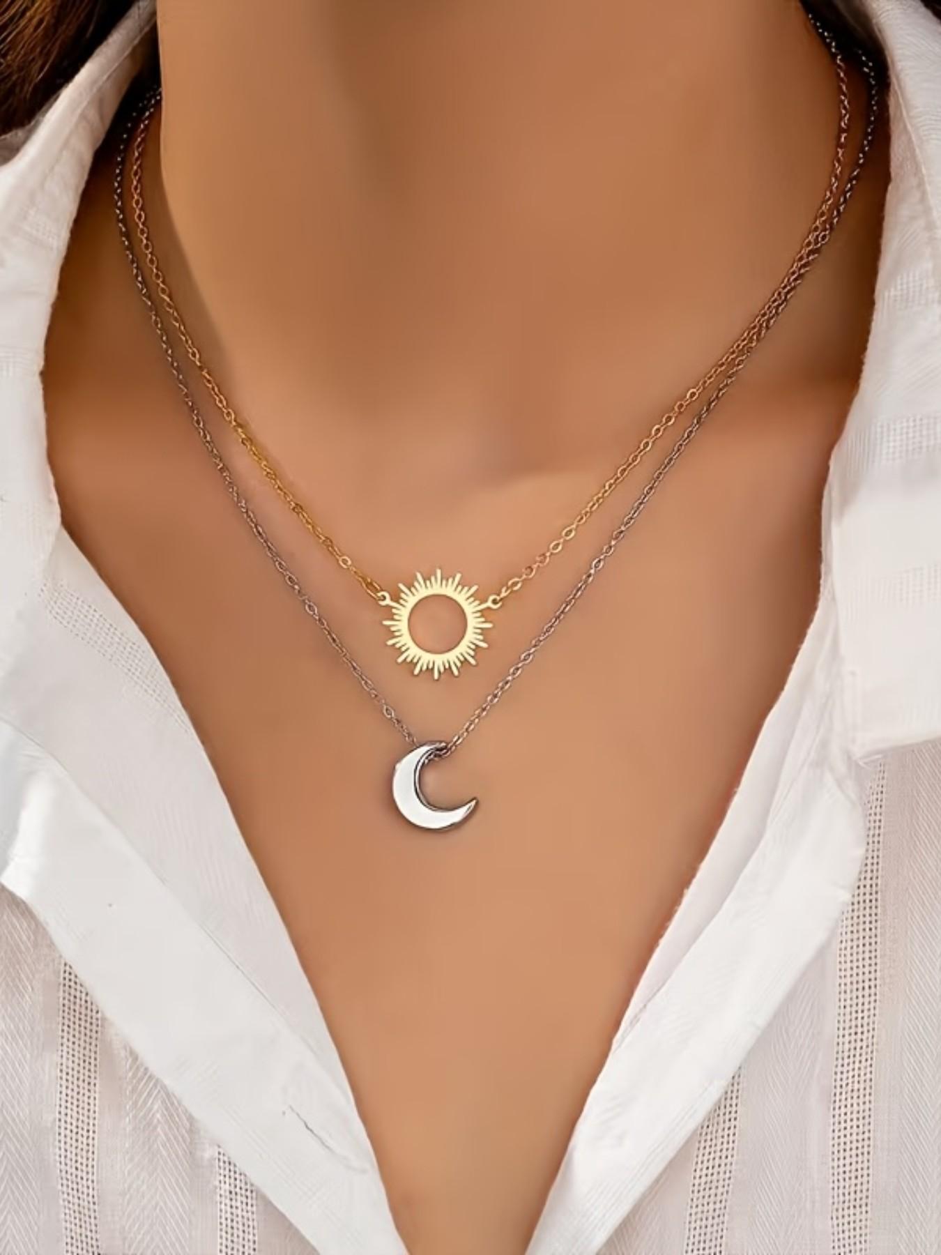 2 vintage Bohemian style sun and moon pendant necklaces, women's 18K gold plated stainless steel double-layer layered necklace, perfect for summer and beach vacation decoration