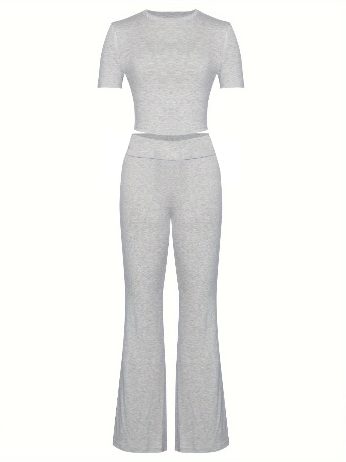 Women's Solid Round Neck Crop Top & Skinny Pants Loungewear Set, Summer Outfits 2024, Casual Comfy Pyjama Set for Women, Comfy Loungewear Set for Women Home Wear, Pyjamas for Women