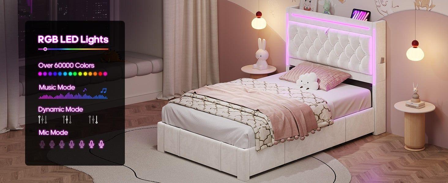 SIKAIC Twin Size Upholstered LED Bed Frame Beige Bedroom Set Unique Bedroom Furniture Headboard And Storage Platform Bedframe