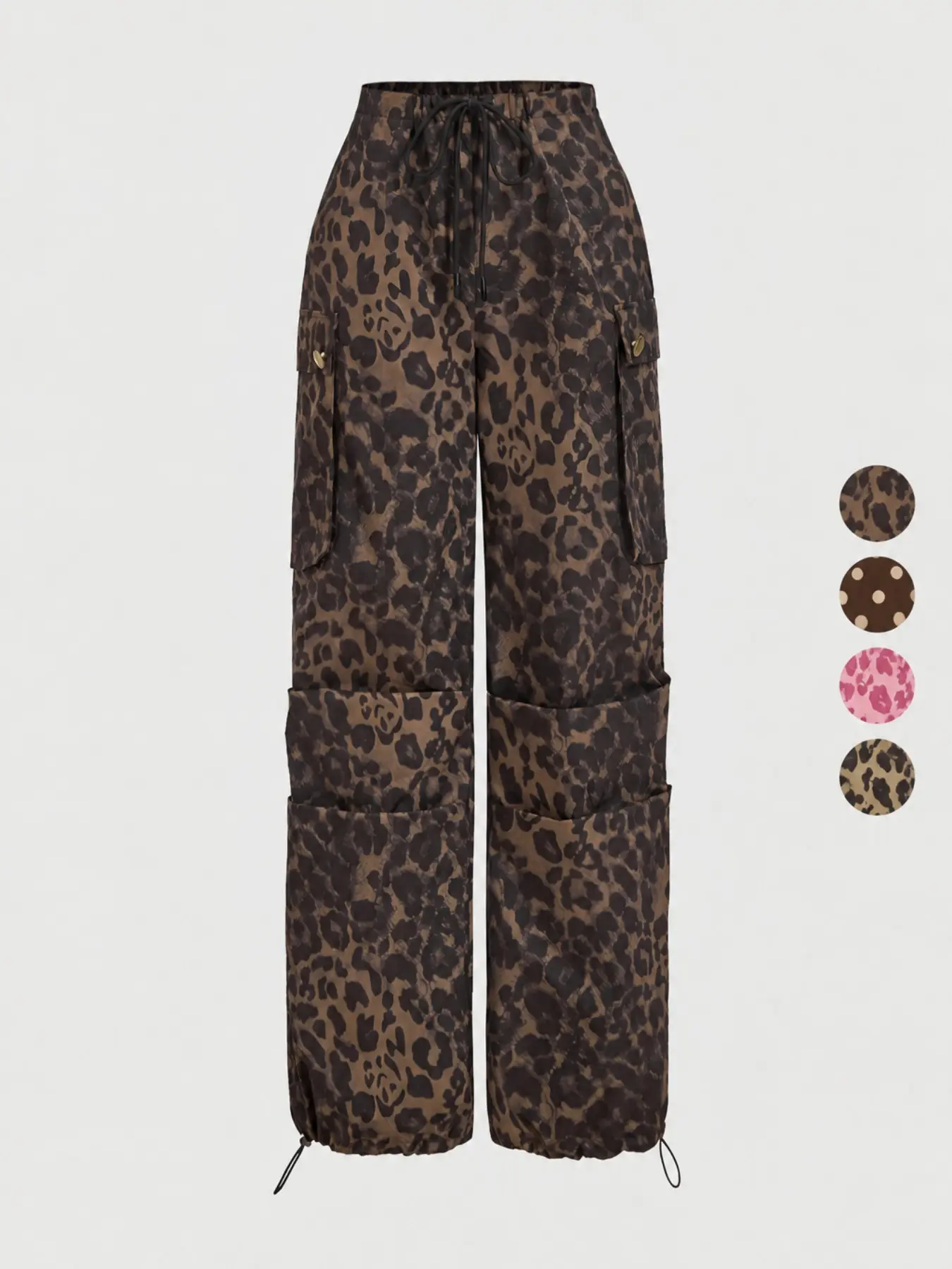 【Black Friday】Women's Leopard Print & Polka Dot Cargo Pants, High Waist Loose Fit, Drawstring Elastic Waist, Adjustable Pockets, Y2K Street Style