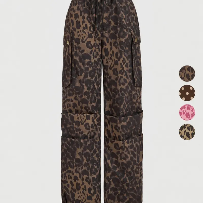 Women's Leopard Print & Polka Dot Cargo Pants, High Waist Loose Fit, Drawstring Elastic Waist, Adjustable Pockets, Y2K Street Style