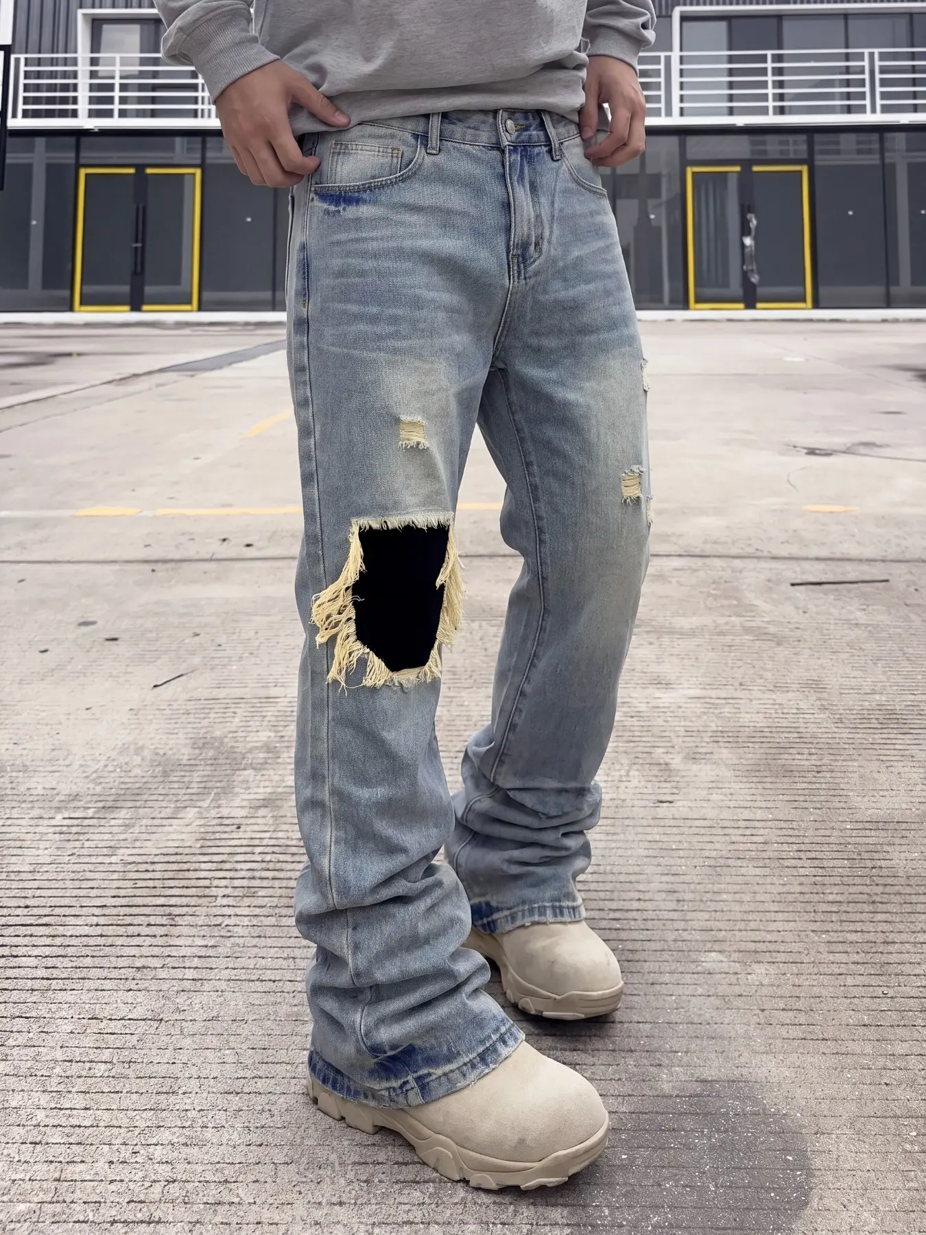 Men’s Slim Fit Flared Jeans, Distressed Patch Design, Washed Y2K Stacked Denim Pants, Trendy All-Season Streetwear