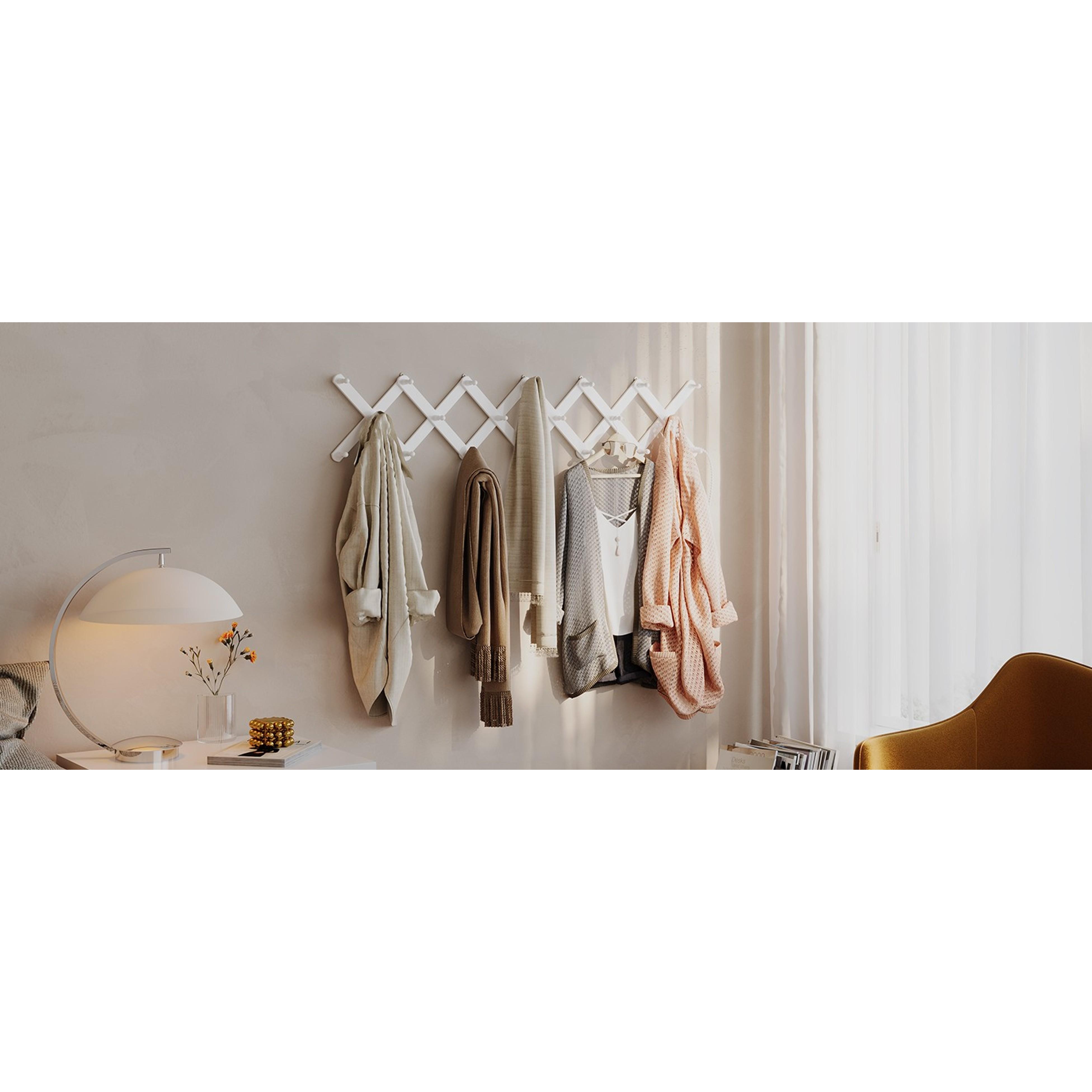 Wood Accordion Wall Hanger, Expandable Coat Rack Wall Mount with 14 Pegs, Expanding Hat Rack for Wall White