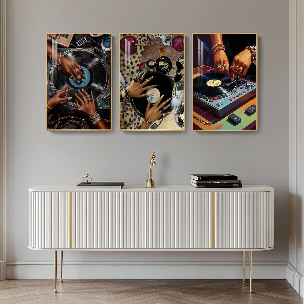 3 Counts Aluminum Alloy Framed Painting, Stylish DJ Vinyl Record Player Art Picture, Home Decoration For Living Room, Bedroom, Office, Restaurant, Hallway Wall Decor, Odorless Print Artwork, Luxury Perfect Gift For Friends And Family