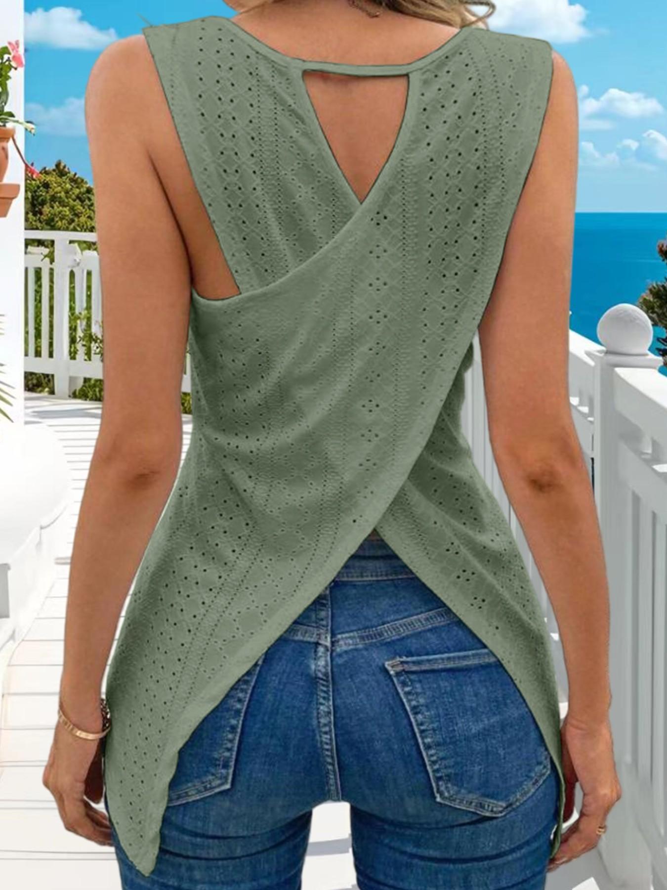 New Summer Women's Plain Sleeveless Top, Hollow Out Irregular Hem Cross Design, Elegant Fashion Commuter Versatile Tank Shirt