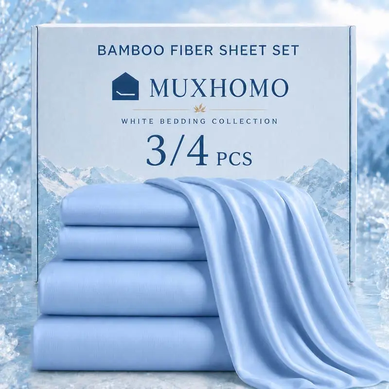 OS OMYSTYLE 3/4 Pcs Bamboo Cooling Sheet Set, Summer Breathable Ultra Soft Bed Sheets with 16-Inch Deep Pocket Fitted Sheet, Flat Sheet & 1/2 Pillowcases, Cool-Touch Moisture-Wicking Machine-Washable Bedding for Hot Sleepers, Children & Kids Bedrooms