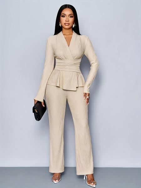 Women's Apricot Color Elegant V Neck Long Sleeve T-Shirt And Wide Leg Pants Two Piece Set, Asymmetrical Hem Two-Piece Outfits, Casual Daily Wear