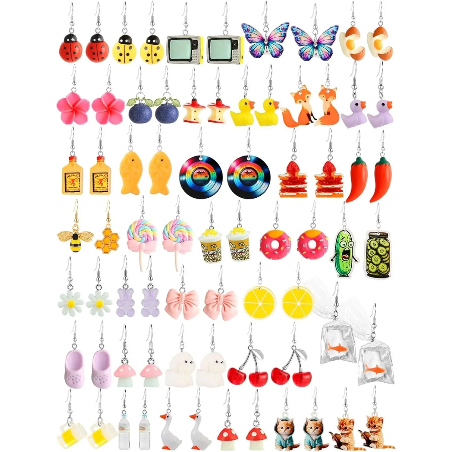 36 Pairs Cute Fun Earrings Set for Women Weird Cool Statement Dangle Earrings Made of Resin Trendy Funny Jewelry