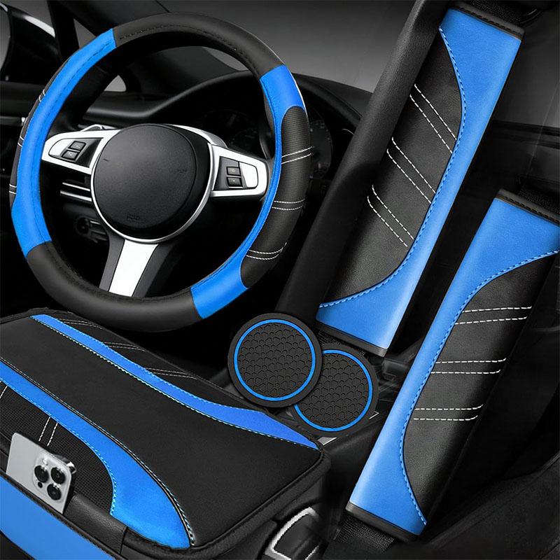 6Counts Car Interior Accessories Set: Sporty PU Leather Steering Wheel Cover (14.5-15 inch Universal), Microfiber PU Leather Car Console Cover, Seatbelt Pads, Cup Holder Pads. Suitable for Men and Women, All Seasons.