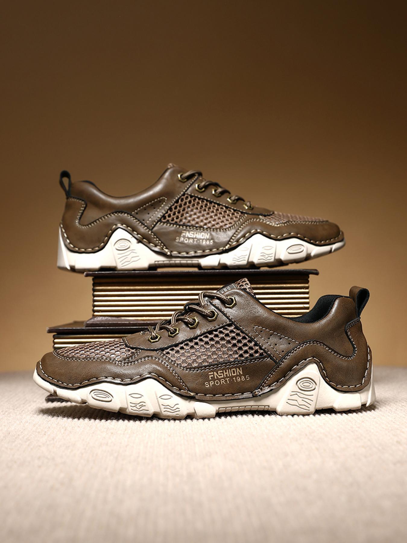 Men's Solid Color Mesh Patchwork Casual Sneakers, Hand-Stitched Thick-Soled Non-Slip Hiking Shoes, Trendy Versatile Breathable Dad Shoes