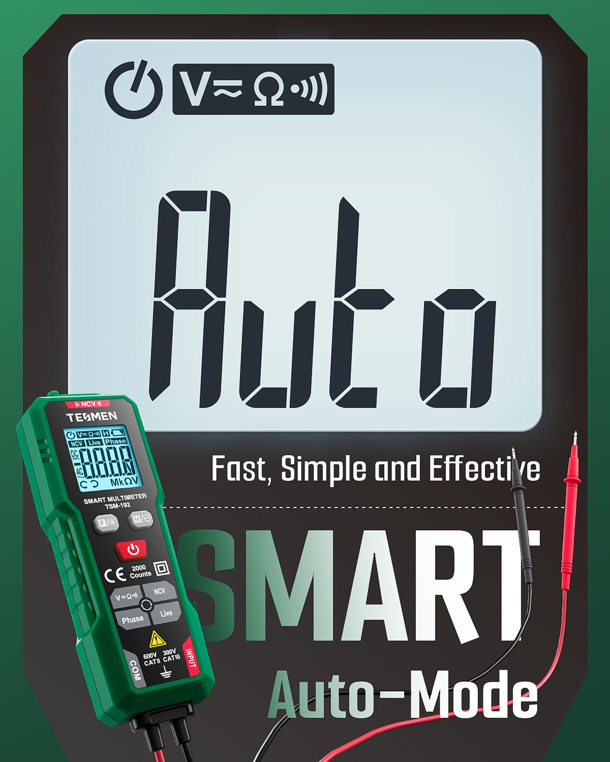 TESMEN TSM-192 Smart Digital Multimeter, 2000 Counts, Auto-Ranging Voltmeter, Non-Contact Voltage Tester, Measure AC/DC Voltage, Resistance, Continuity, Phase, Live Wire