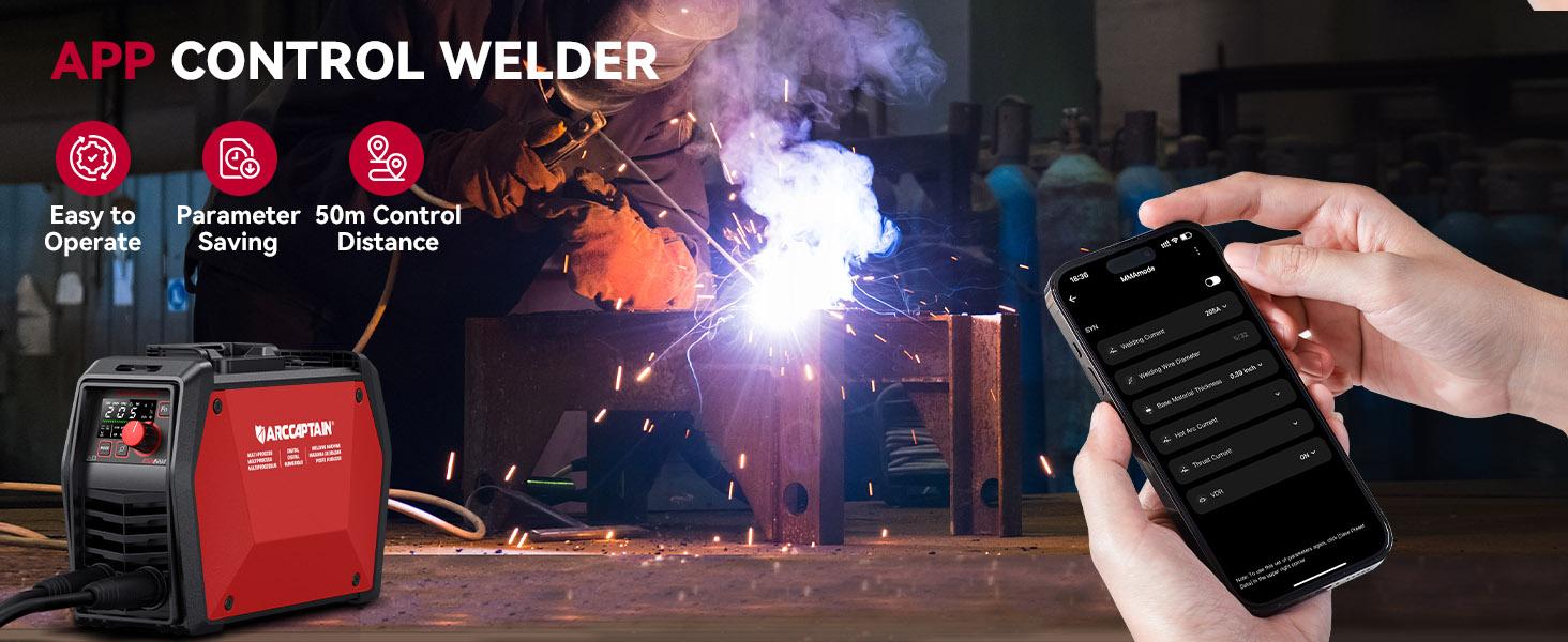 ARCCAPTAIN iControl ARC205 Pro Stick Welder, [APP Control] 205Amp ARC/Lift TIG Welding Machine, Large LED Display, IGBT Inverter 110V/220V MMA Welder with Hot Start, Arc force, and Anti-Stick Dual Voltage TIGStickArc Welder