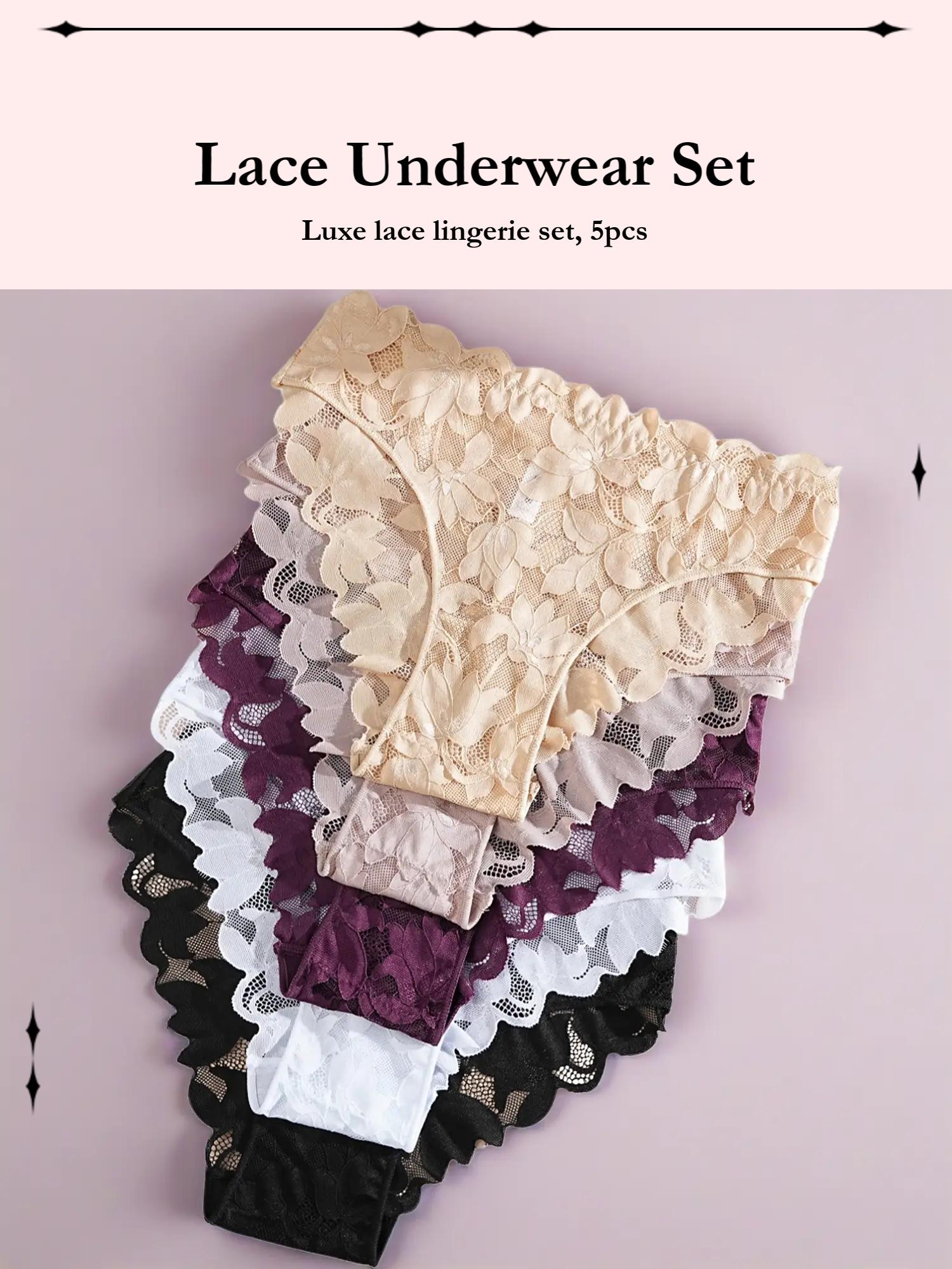 Women's Sexy Lace Underwear Set, Fitted Comfortable Breathable Panties, Multi-Color Hollow-Out Lingerie for Women's Daily Wear, Lace-Trim Panties