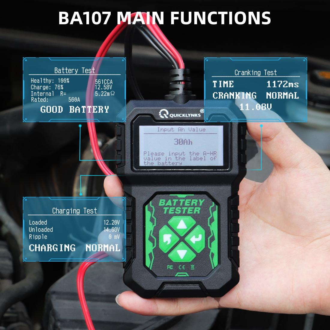 QUICKLYNKS-BA107 12V Lead Acid Battery Tester for Cars and Motorcycles, Charging System Test Tool 100 to 2000 CCA Diagnostic Measuring Instrument QUICKLYNKS-BA107 12V Lead Acid Battery Tester for Cars and Motorcycles, Charging System Test Tool 100 to 2000 CCA Diagnostic Measuring Instrument