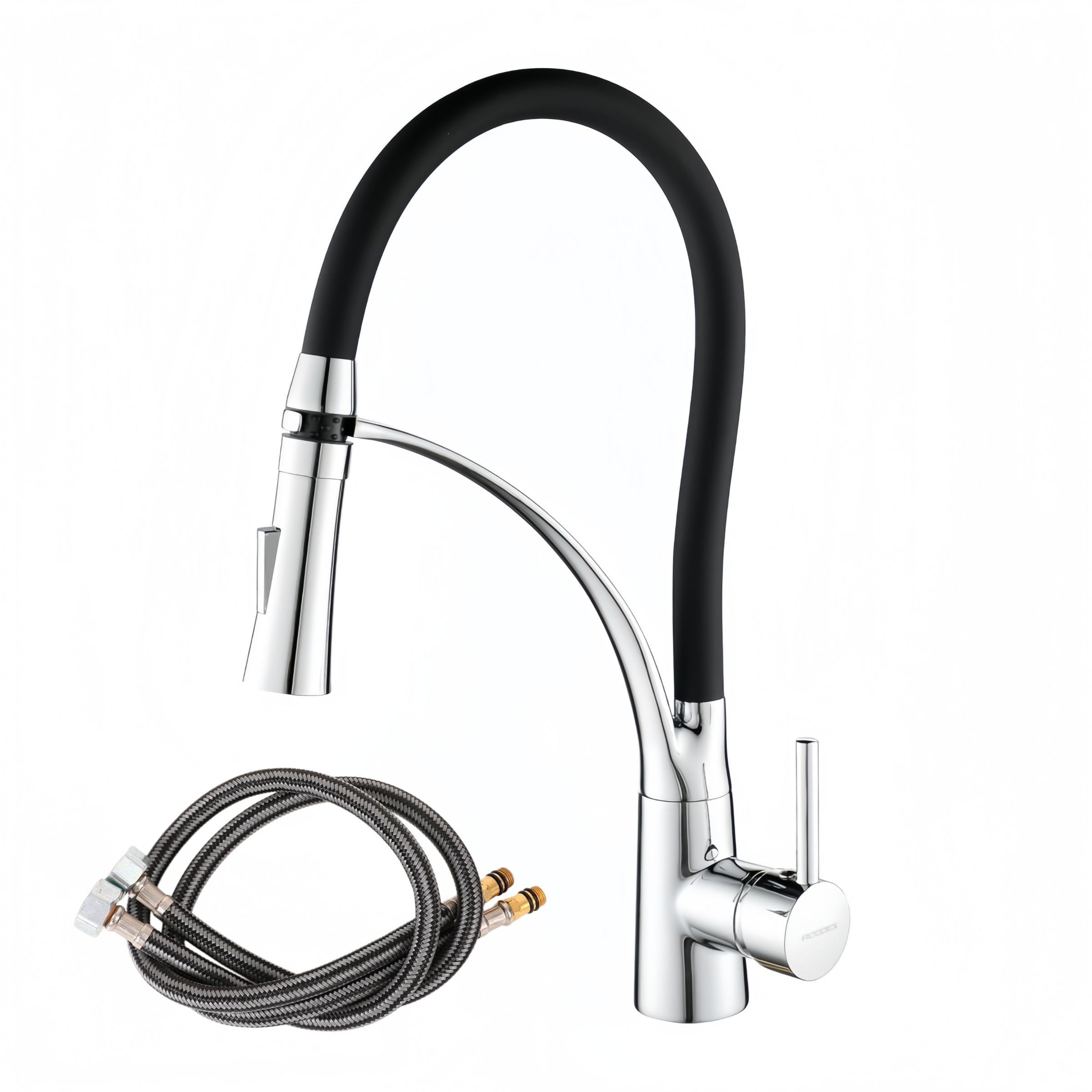 Extractable Kitchen Faucet Flexible Silicone Sprayer, Single Handle Pull-Down Brass Goose Neck, Modern High Arc, Polished Chrome Rubber Nozzle Hose