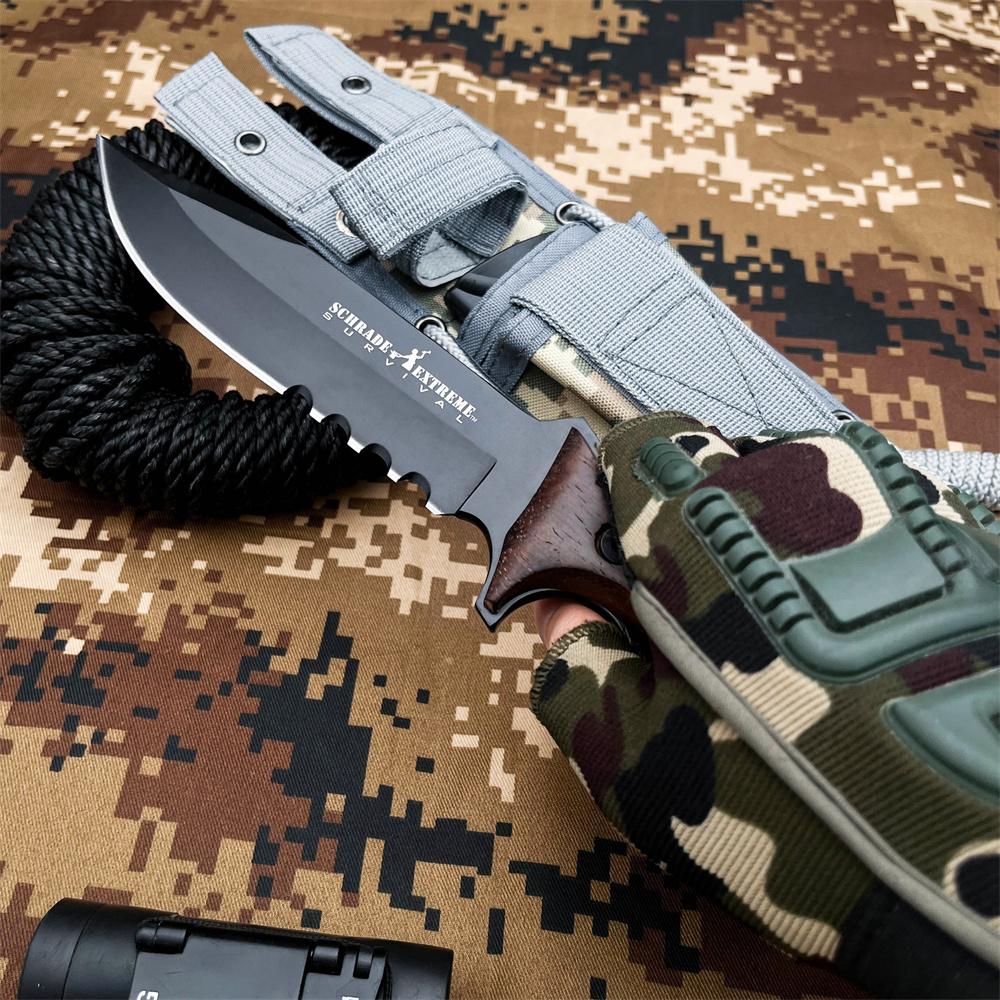 Outdoor multi-functional tactical survival straight knife, ergonomic chickenwood handle, high-hardness black-coated 7Cr13Mov blade, camouflage nylon sheath, suitable for jungle exploration, camping hiking, wilderness survival, Survival Gear