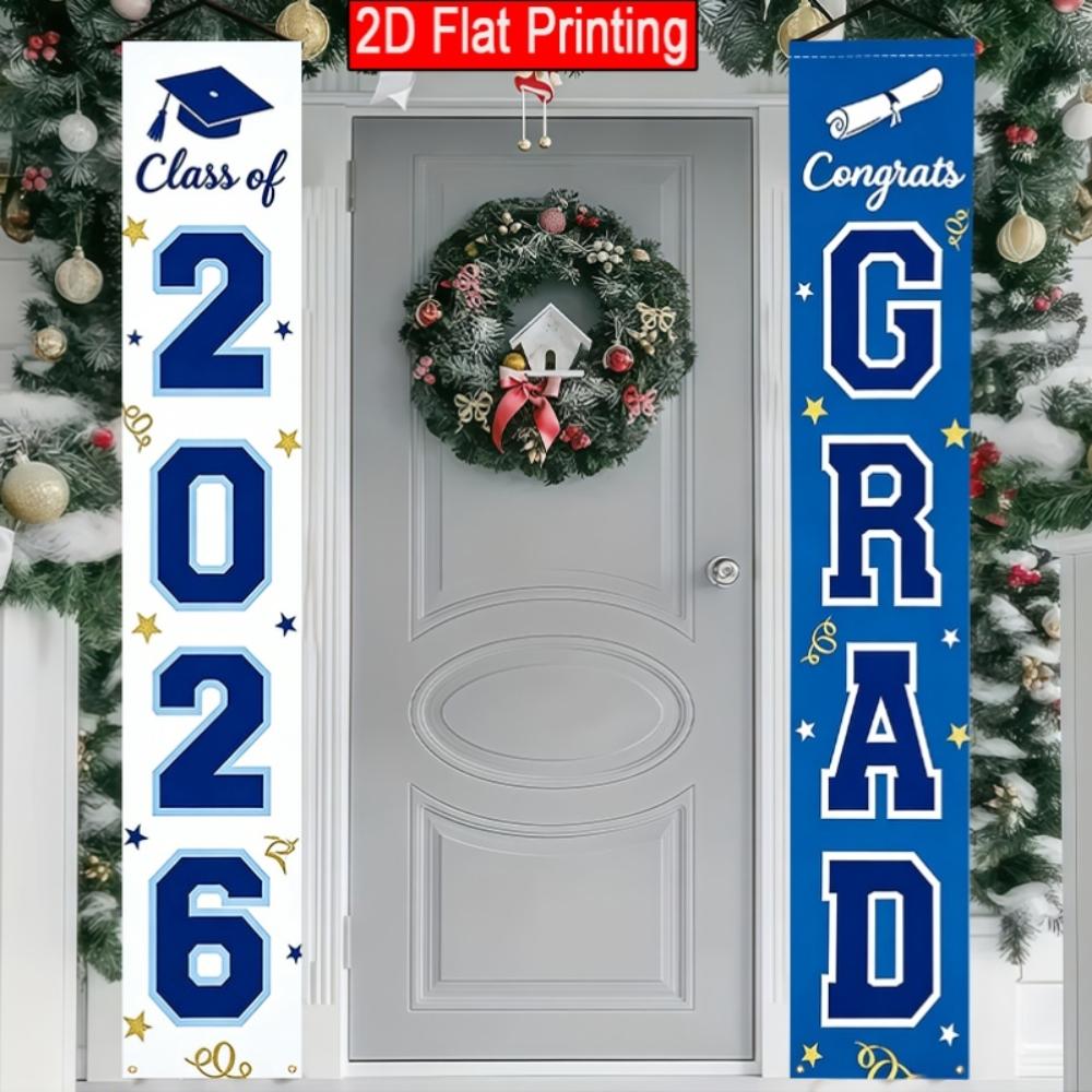 2DFlat2pcs 2026 Class  Graduation Door Banner, Blue and White Color Scheme with Grad Cap, Diploma and Star Elements, Ideal for 2026 Graduation Ceremony, Grad Party, Appreciation Dinner, School Celebration, Also as Porch or Wall Hanging,