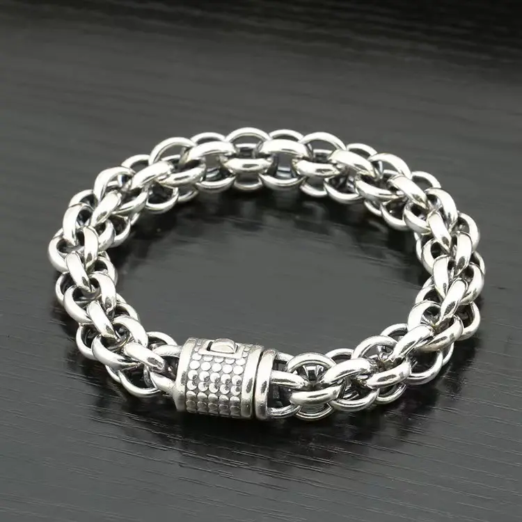 Vintage Silver Thick Cuban Link Bracelet for Men, Stainless Steel Heavy Duty Double Chain Curb Bracelet, Dot Pattern Lock Clasp Punk Hip Hop Statement Wrist Jewelry Gift