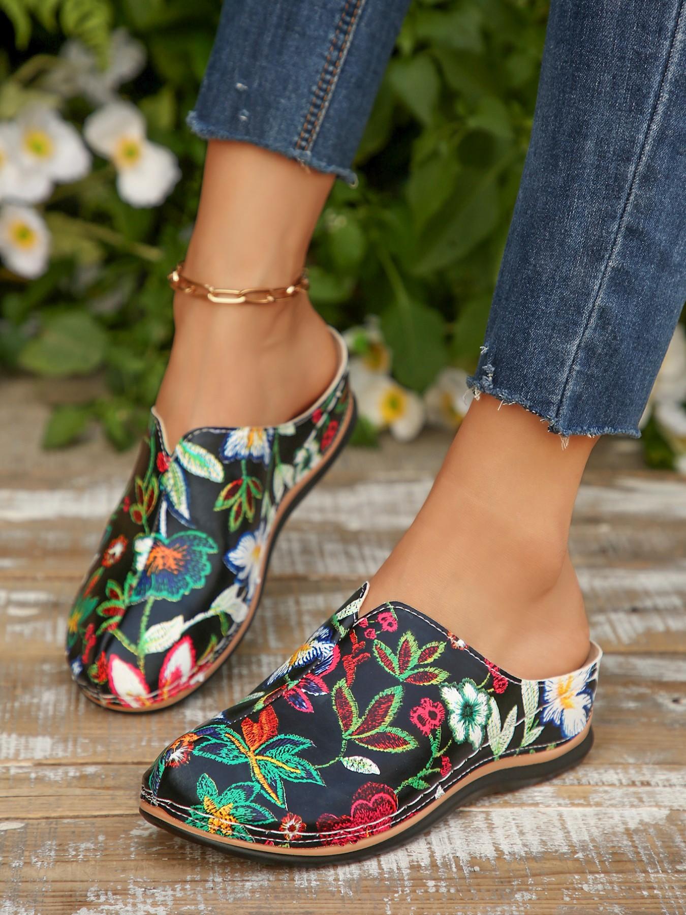 Vintage Floral Print Slip-On Mules, Rubber Sole Anti-Slip Durable, Easy One-Step On/off, Perfect for Commute, Streetwear, Vacation