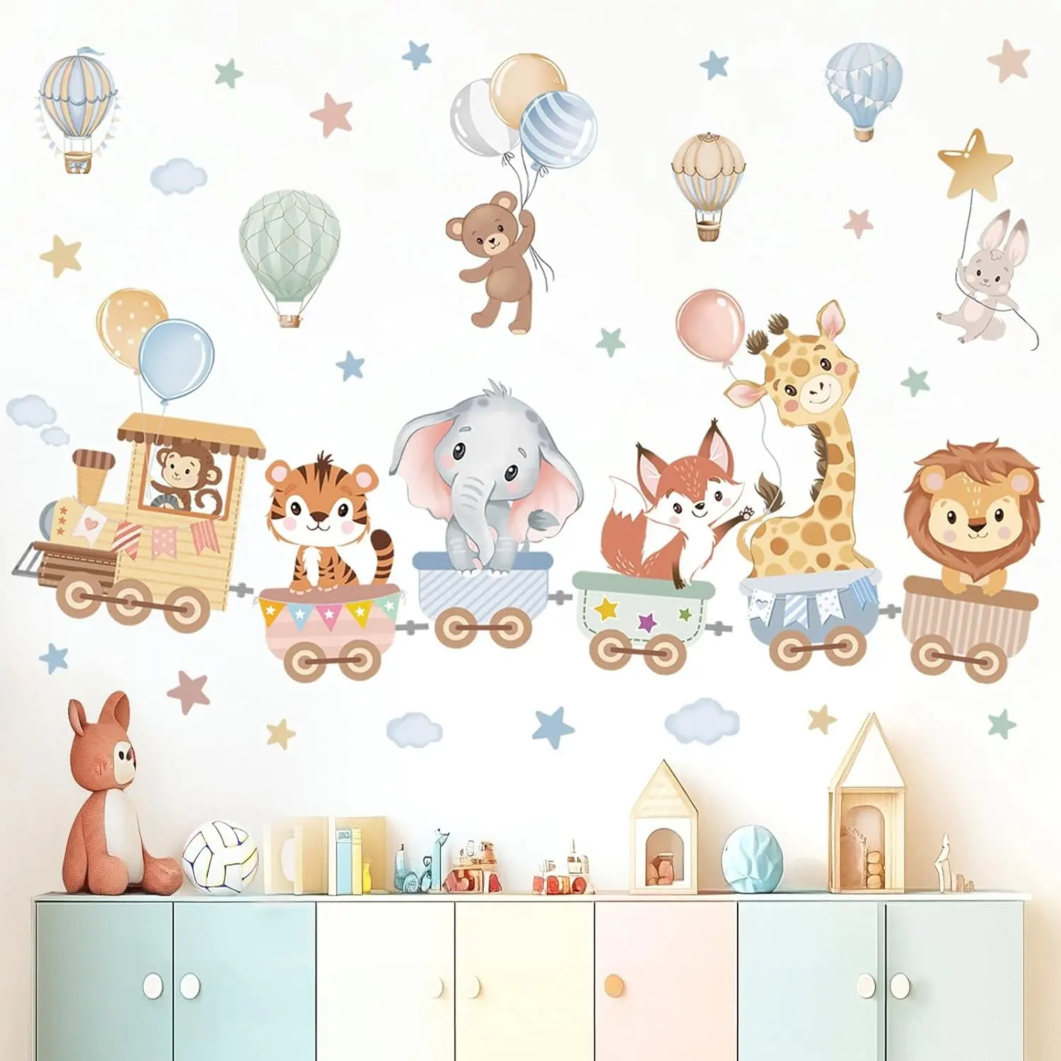 Jungle Animals Train and Hot Air Balloon Wall Decals with Elephant Giraffe, Peel and Stick Wall Art for Baby Nursery, Kids Room, Toddler Room(Gift)