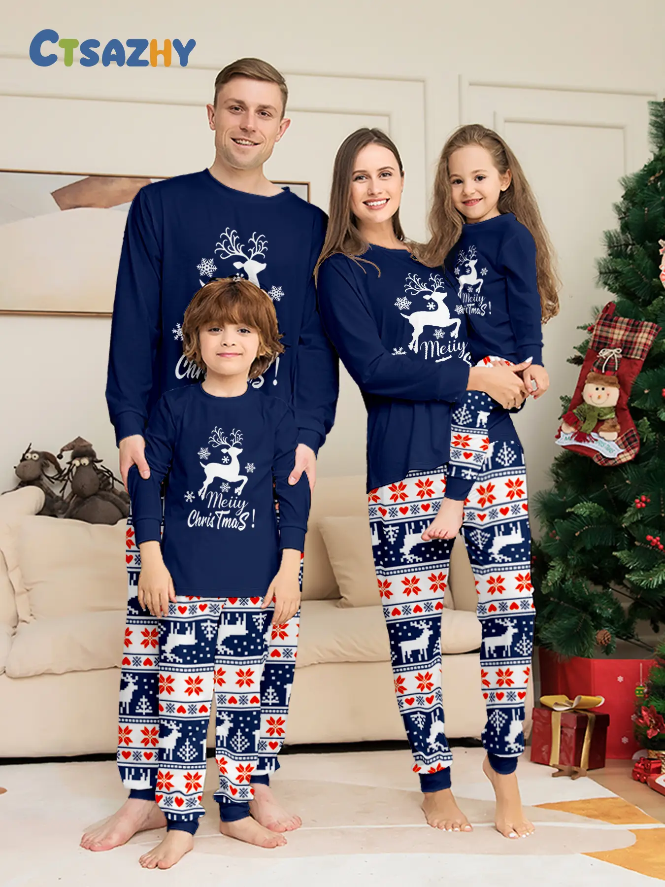 Family Matching Christmas Pajamas Set of 4 with Santa Hat Letter Print, Long Sleeve Top & Jogger Pants Two-piece Loungewear with Red Contrast Cuffs, Made of Soft Skin-friendly Breathable Knit Fabric. Ideal for Christmas Family Photoshoots, Holiday Party O