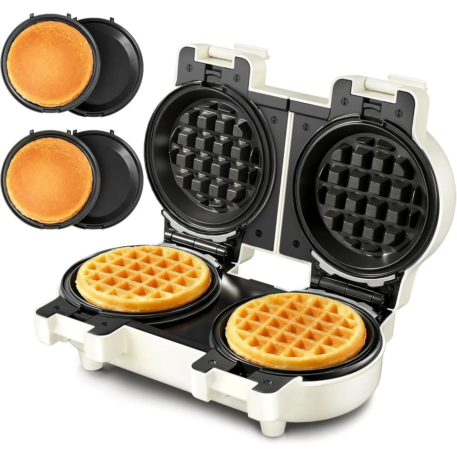 2-in-1 Mini Waffle & Pancake Maker with Removable Plates | 4" Nonstick Plates, Double Small Waffle Iron, Dishwasher Safe, Perfect for Small Spaces, Apartments & Dorms, Beige