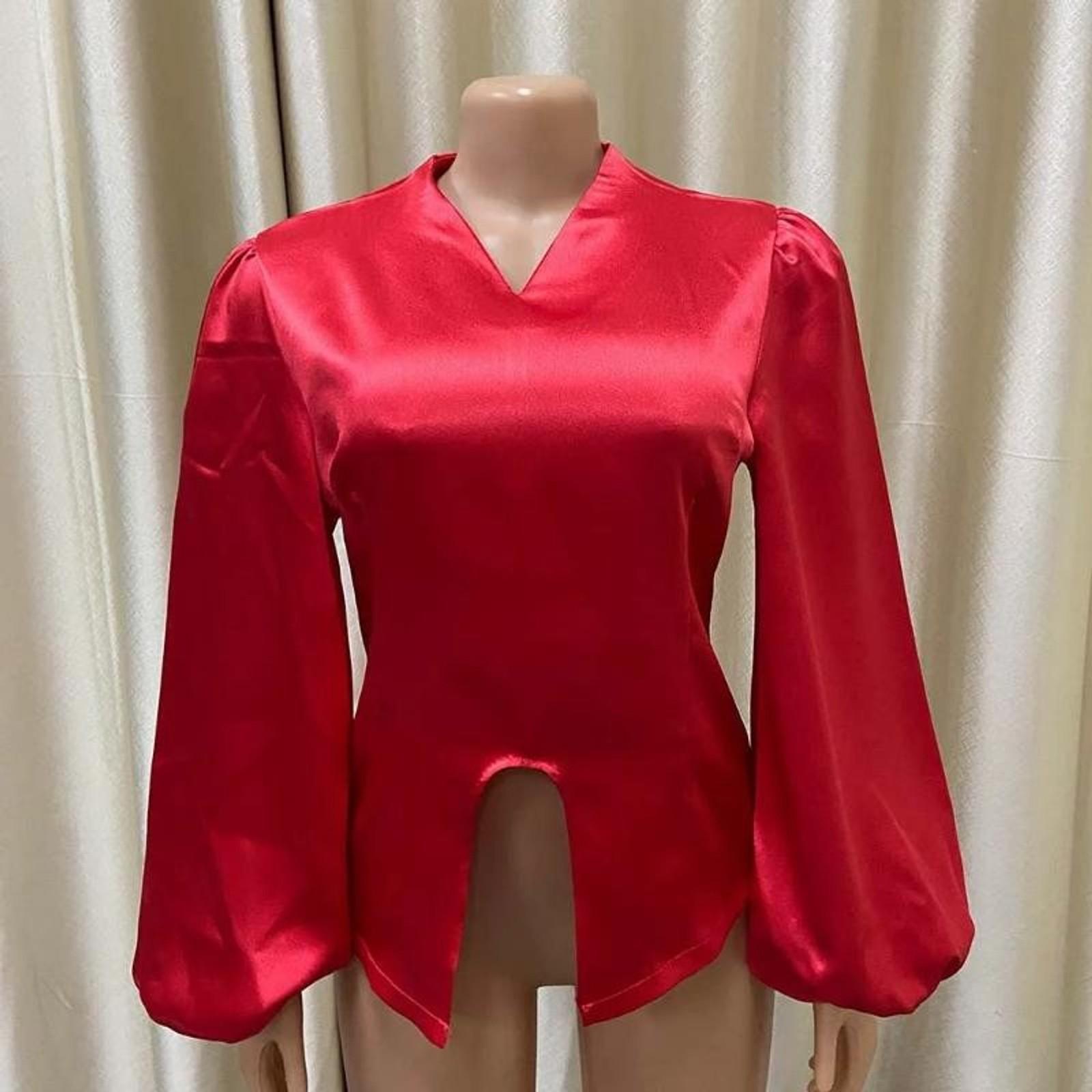 summer spring clothes 2025 new Office Blouse for Women Elegant Stylish V Neck Full Sleeve Front Split Solid Satin Luxury Party Dinner Occasion Shirts Light Top Womenswear Check Gamis Basic Fitted Minimalist Red Blouse_Red