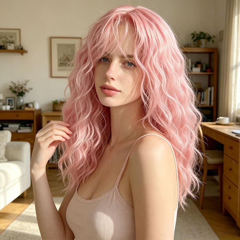 Medium-Length Wavy Women's Wig with Bangs, Loose Wave Wigs, Synthetic Fiber Rose Net Comfortable Breathable Wig, Ideal for Halloween, Holidays, Daily Use