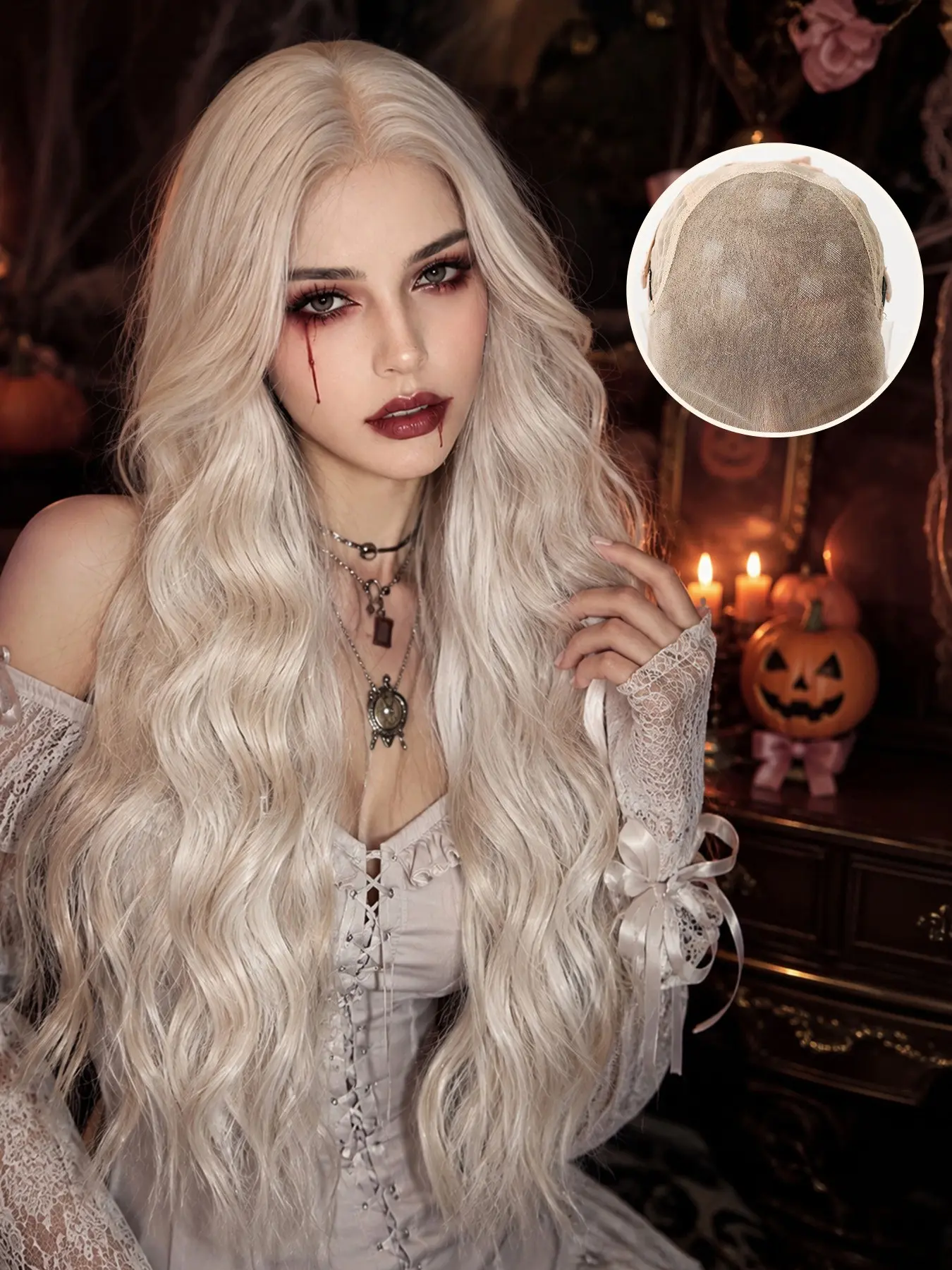 Topshe Halloween Wig 30 Inches Gold Long Wavy, Vampire Queen Style, Pre-Cut Lace Part, No Glue, Comfortable, Cosplay Gothic