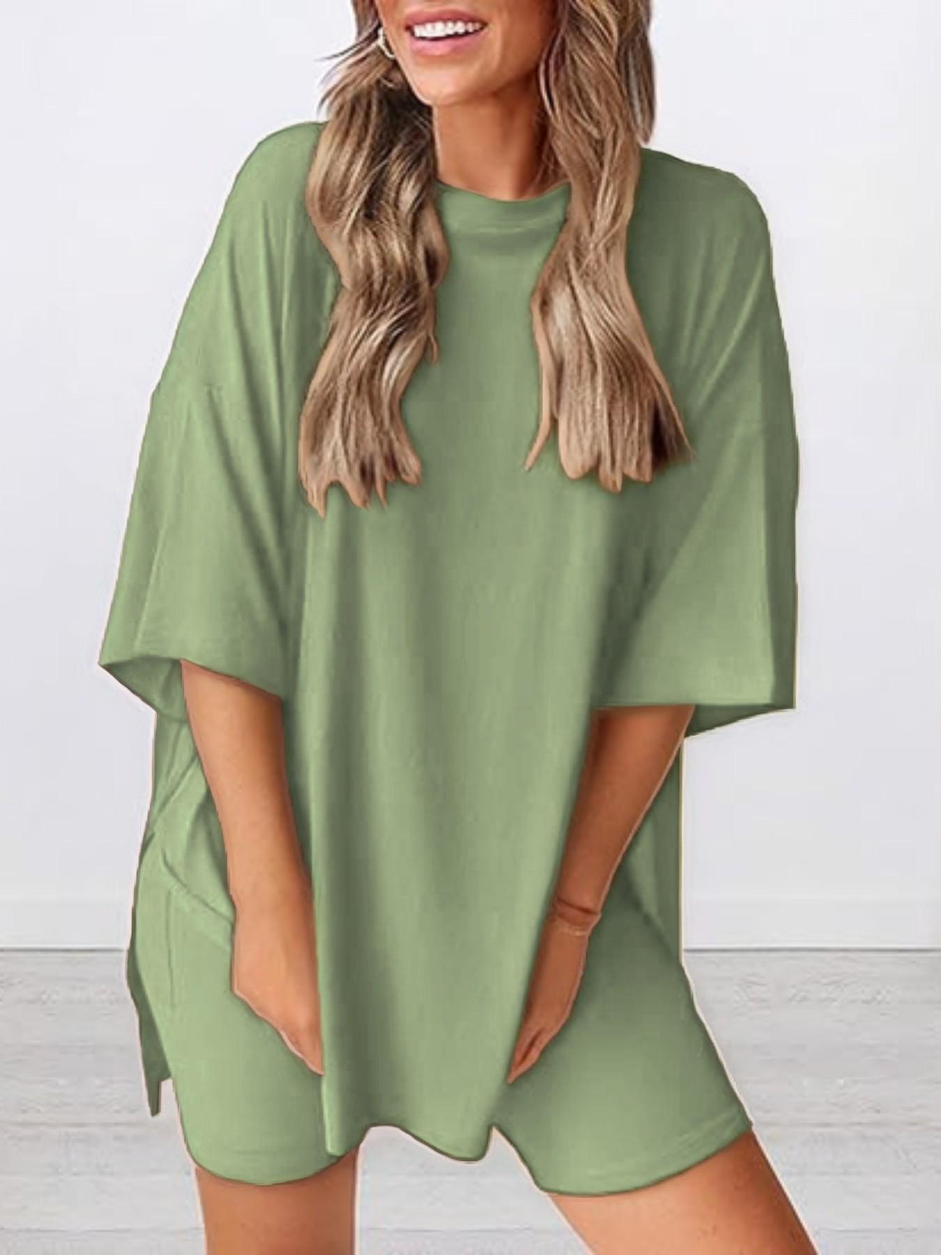 Women's Solid Color T-Shirt and Tight Shorts Set, Casual Summer Comfort Round Neck Sleepwear, Pocket Design, Outdoor Wear Women's Solid Color T-Shirt and Tight Shorts Set, Casual Summer Comfort Round Neck Sleepwear, Pocket Design, Outdoor Wear