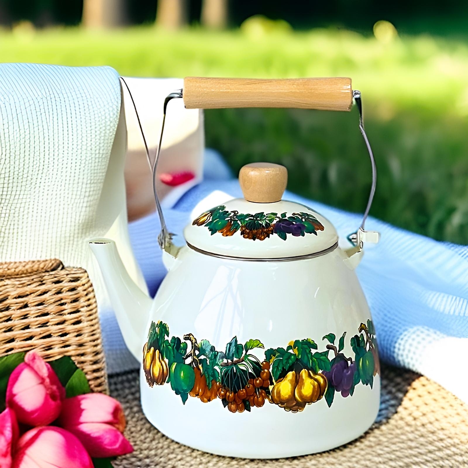 Fruit Pattern Enamel Kettle Set, 2 Counts/set Open Fire Heating Kettle & Dust Temperature Fresh Box, Drinkware for Home Kitchen