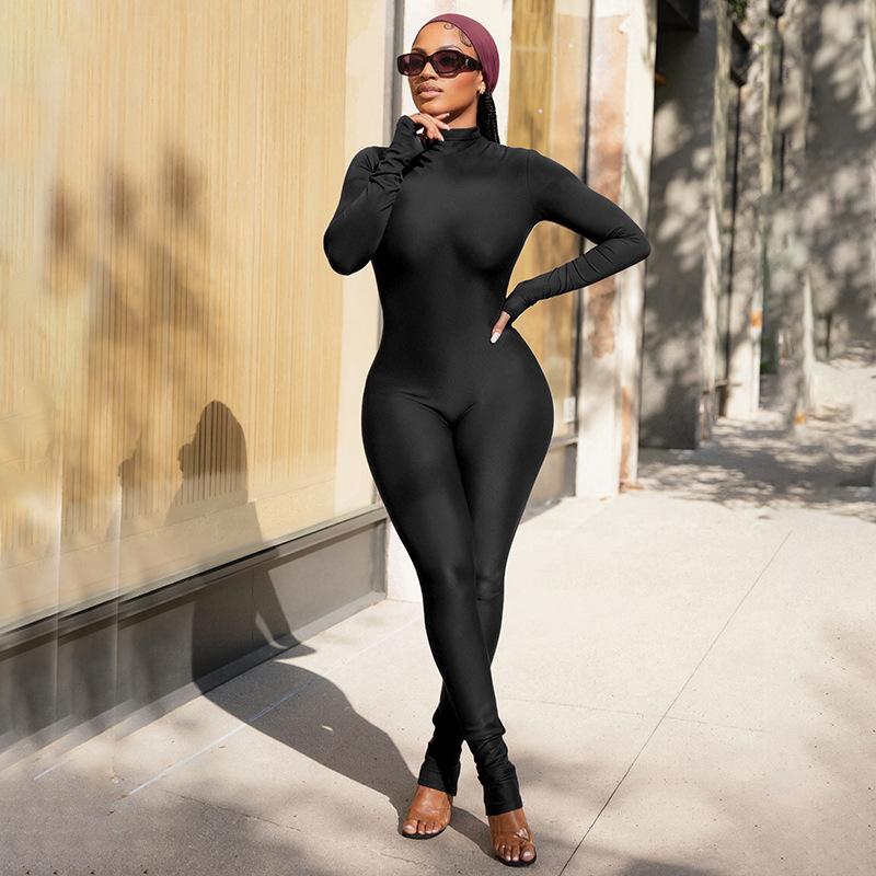 Women's Shiny Satin High-Neck Footed Jumpsuit, Long Sleeve Fitted Bodycon Jumpsuit, Nightclub Streetwear Sexy