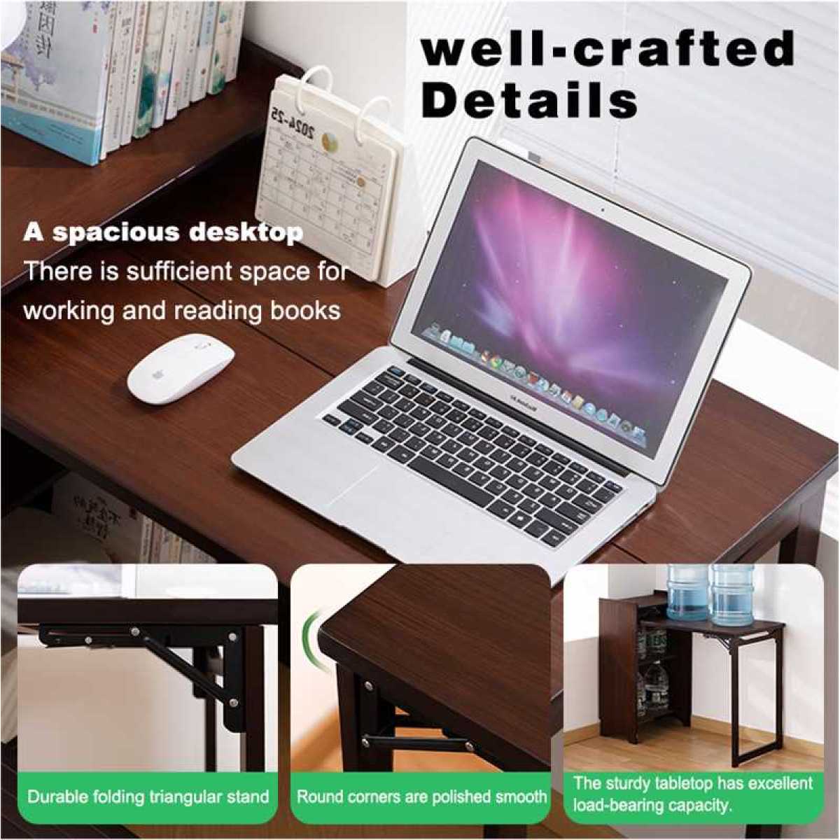 Bamboo Folding Desk, Foldable Desk for Small Space, Computer Desk with Hidden Storage, Mid Century Foldable Table for Home Office and Bedroom (Walnut Brown)