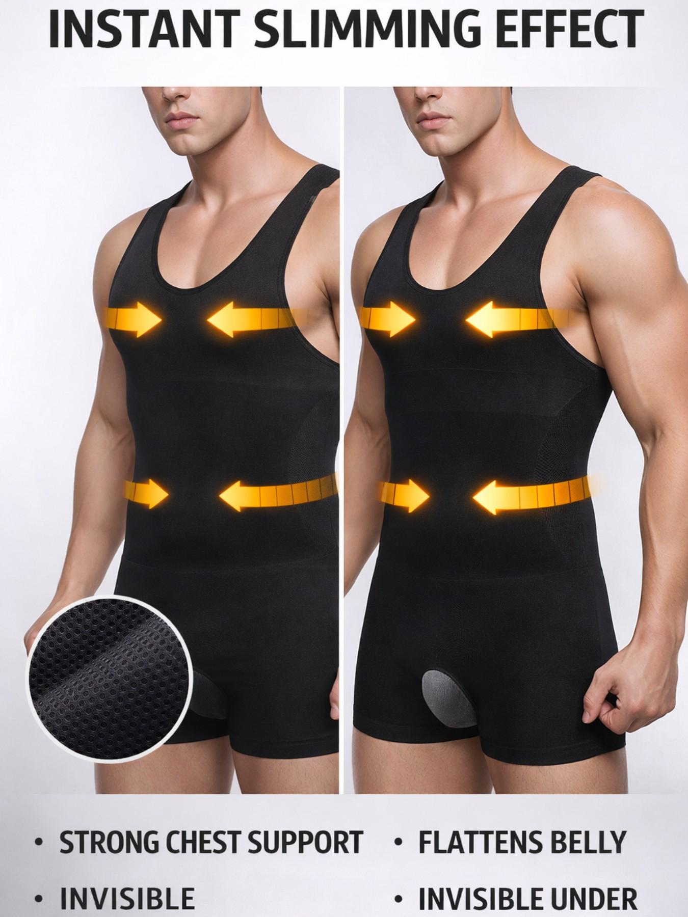Men’s Full Body Compression Shapewear Bodysuit, Tummy Control Slimming Tank Top Shorts, Chest Sculpting Waist Trainer, Plus Size