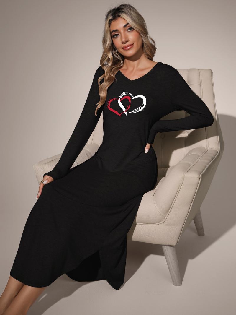 Women's V-Neck Long Sleeve Nightgown, Soft Casual Loungewear Dress with Pockets, Heart Print Sleepwear, Loose-Fitting, All Seasons