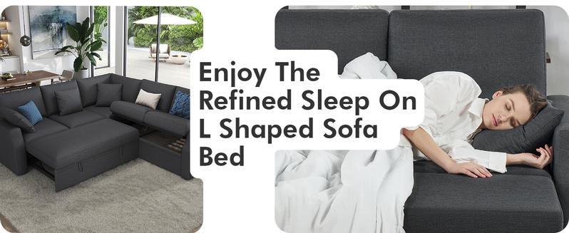 [Ships in 2 Boxes]VanAcc Modern Linen Sofa Bed with 3 Throw Pillows, 85 Inch Upholstered Sleeper Sofa with Pull Out Sofa Bed, L Shaped Sofa Couch with Storage Seat, Sectional Couches for Living Room, Apartment