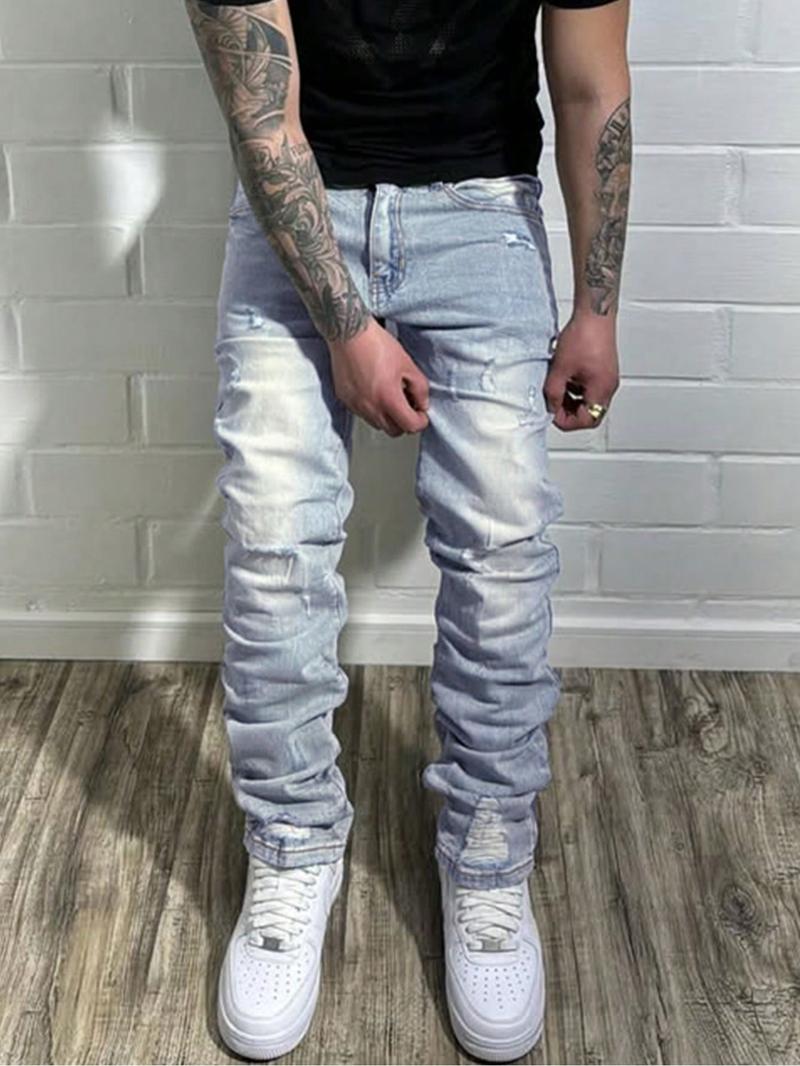Men's Casual Fashion Ripped Straight-Leg Slim-Fit Jeans. Washed Light Blue Stacked Denim Pants, Comfortable Fabric Suitable for All Seasons, Perfect for Men's Daily Casual Wear.