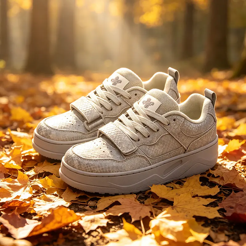 Women’s Light Grey Snake Skin Pattern Chunky Platform Sneakers, Lace‑Up With Hook‑and‑Loop Strap Skate Shoes, Neutral Minimalist Street Fashion Casual Footwear for All‑Day Comfort