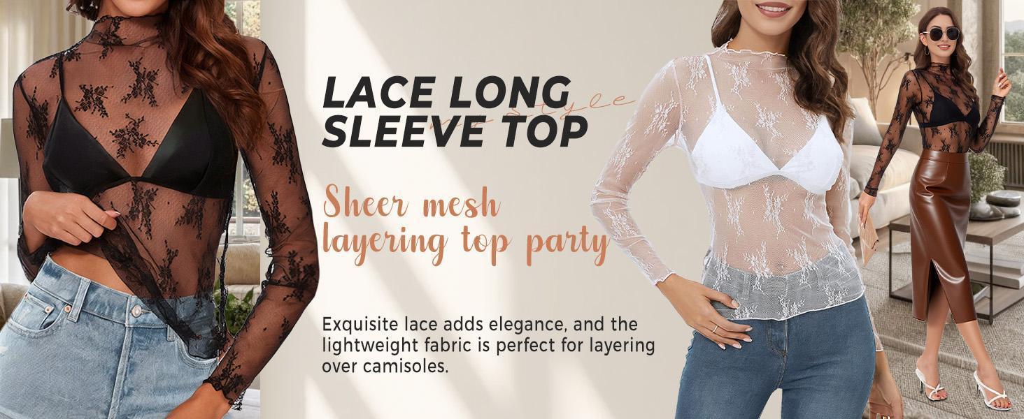 Women's 3-Pack Comfortable Lightweight Sheer Floral Embroidered Lace Long Sleeve Mock Neck Blouse Outfits, Black+White+Coffee, Polyester Edit Style Layering Lace Top for Camping & Outdoor Activities