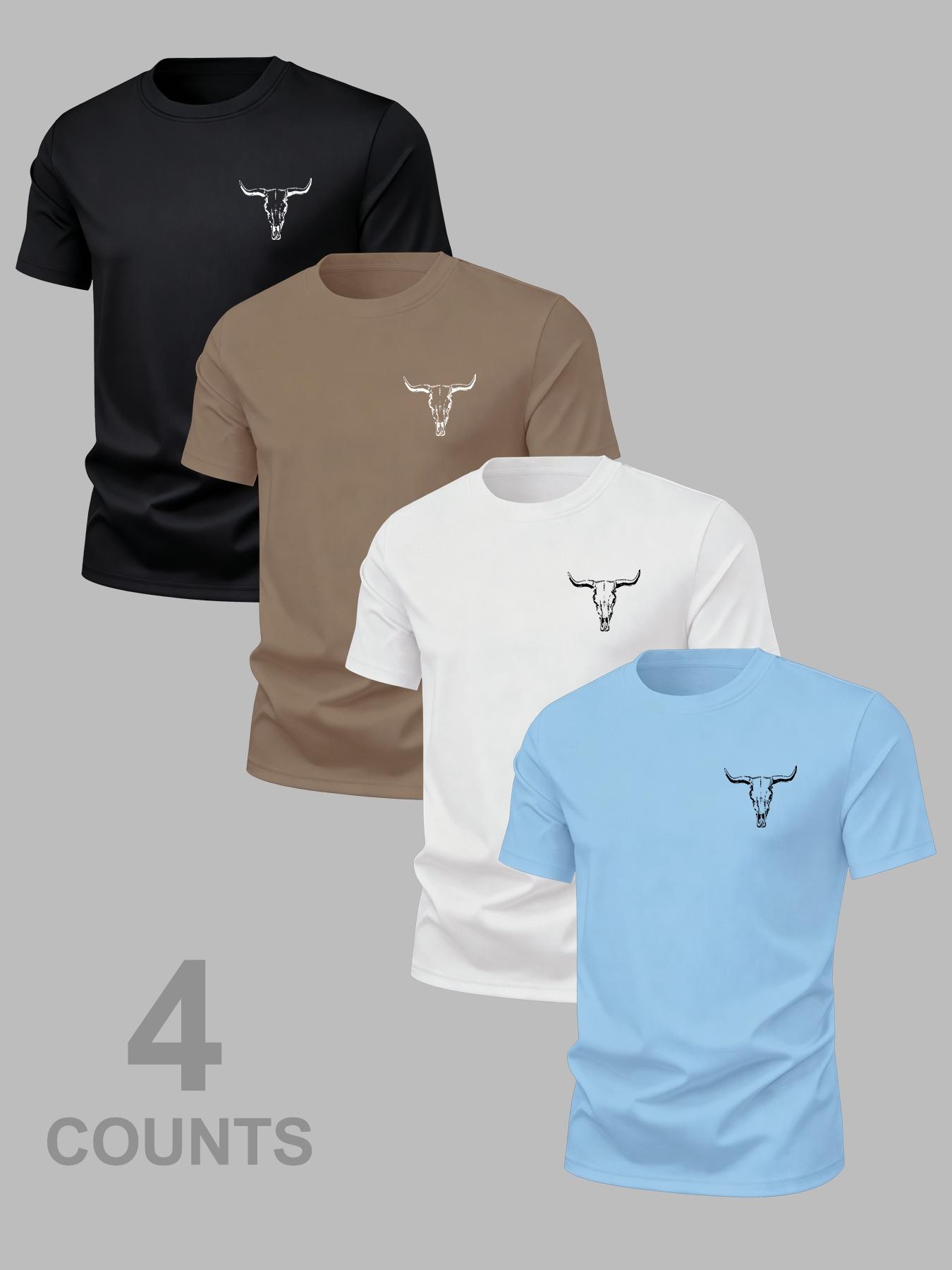 Men's Versatile Cow Head Animal Print T-Shirt 4 Pack, Summer Round Neck Short Sleeve, Casual Comfortable Top for Outdoor Wear