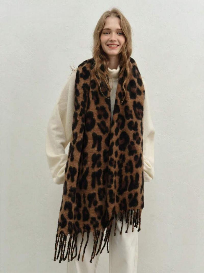 High-Quality Leopard Print Scarf, Cool Tassel Vintage Shawl, Y2K Faux Wool Warm Shoulder Wrap, Fall & Winter Fashion Accessory