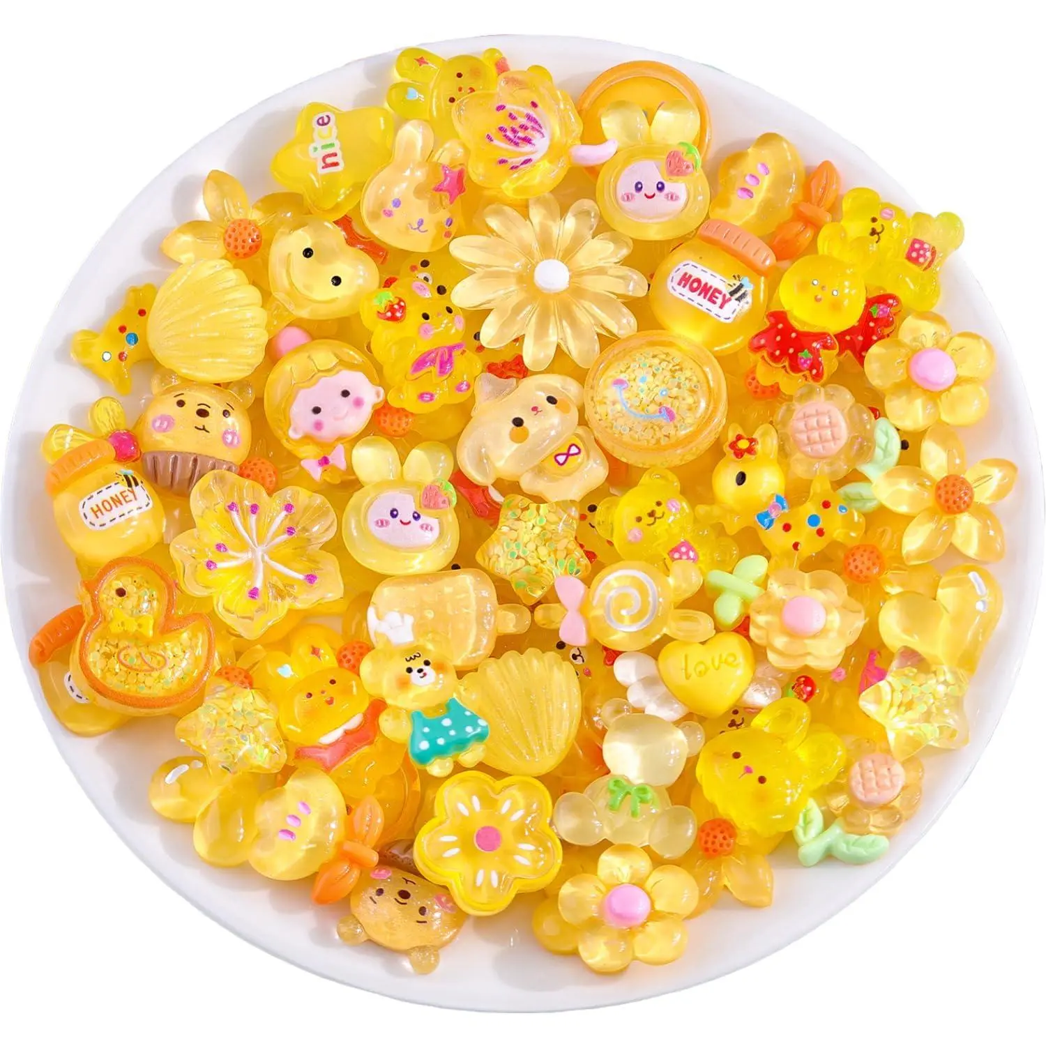 100PCS Yellow Charms Decoden, Resin Charms for Add| Jelly Flatback Large Charms for Cheer Pins Crafts Junk Case DIY, With Add Ins, Mix Ins, Cute Resin Bulk