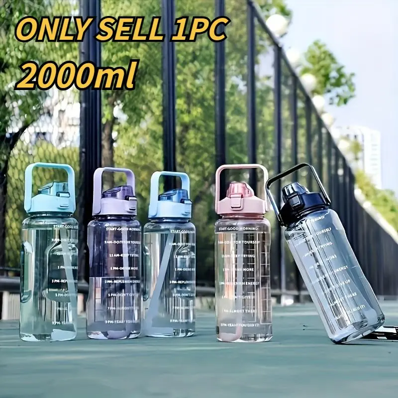 2000ML Large Capacity Portable Plastic Water Bottle with Time Marker, Ideal for Travel Outdoor Camping Sports Gym Students Back-To-School Use, Drinkware