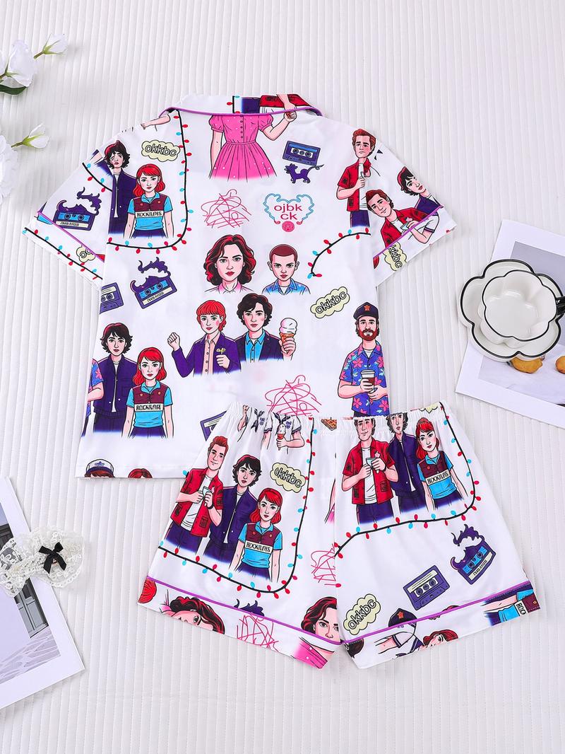 2-Piece 80s Retro Character Print Pajama Set Loungewear - Retro TV Series Themed Short-Sleeve Pants (Button-Up Collar + Elastic Waist) - Suitable for Adults at Home / TV Binge-Watching