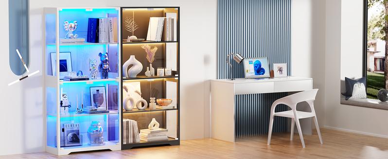 Brottar Display Cabinet with Glass Doors, Storage Cabinet with 3 Color Light, 4-Tier Curio Cabinet Bookcase for Collectibles, Toys, Books, for Playroom, Bedroom, Study Room, White