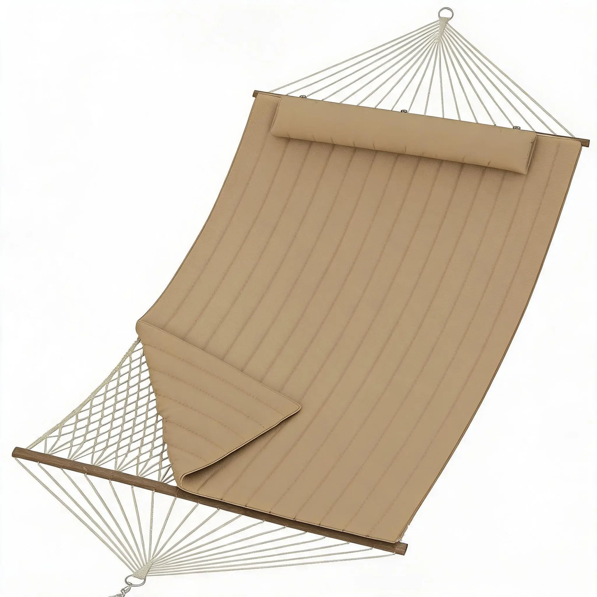 2 Person Outdoor Hammock with Quilted Fabric & Cotton Rope - Adjustable Steel Stand - Removable Pillow - 500lbs Capacity - Ideal for Patio, Backyard, Garden, Beach