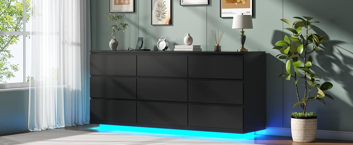 Floating White Dresser Chest of Drawers with LED Light, 9 Drawers, Modern Design, Black Finish, Ideal for Storage and Aesthetic Interior drawer dresser