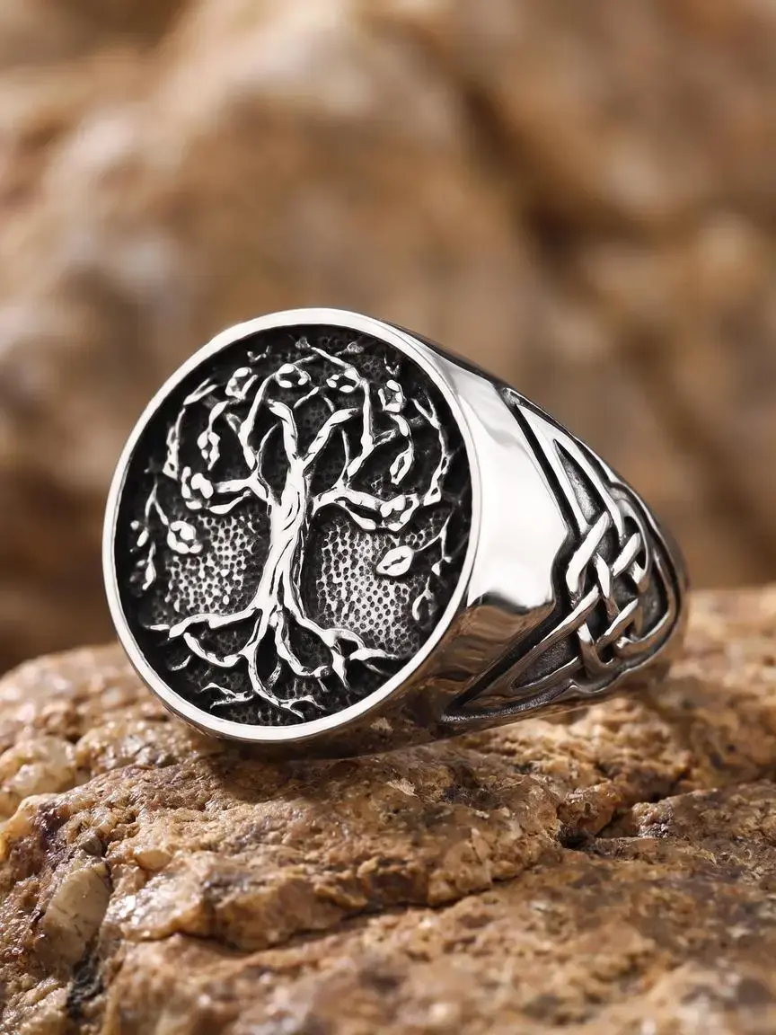 Vintage Life Tree Steel Ring, Signet Ring, Nordic Mythology Yggdrasil Design Nature Motif Viking Art Jewelry, Unisex Fashion Pagan Style Ring with Timeless Appeal for All Seasons, Nordic Inspiration, Stainless Steel Rings