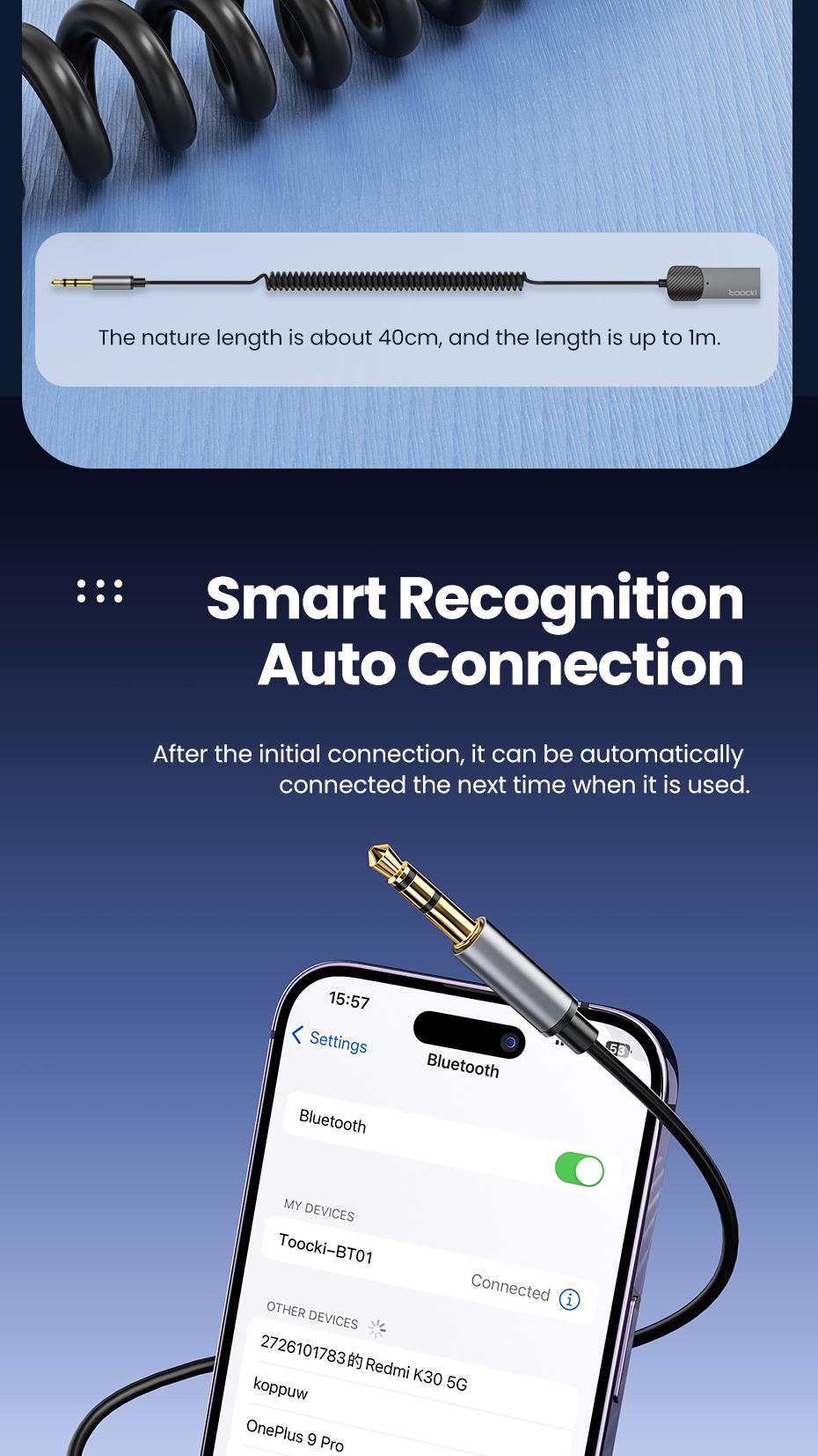 Toocki Wireless Audio Receiver Adapter, Bluetooth-compatible 5.4 Aux USB to 3.5mm, Hands-Free Mic, Car Audio Jack, Mono Output, 3.5w Power Consumption