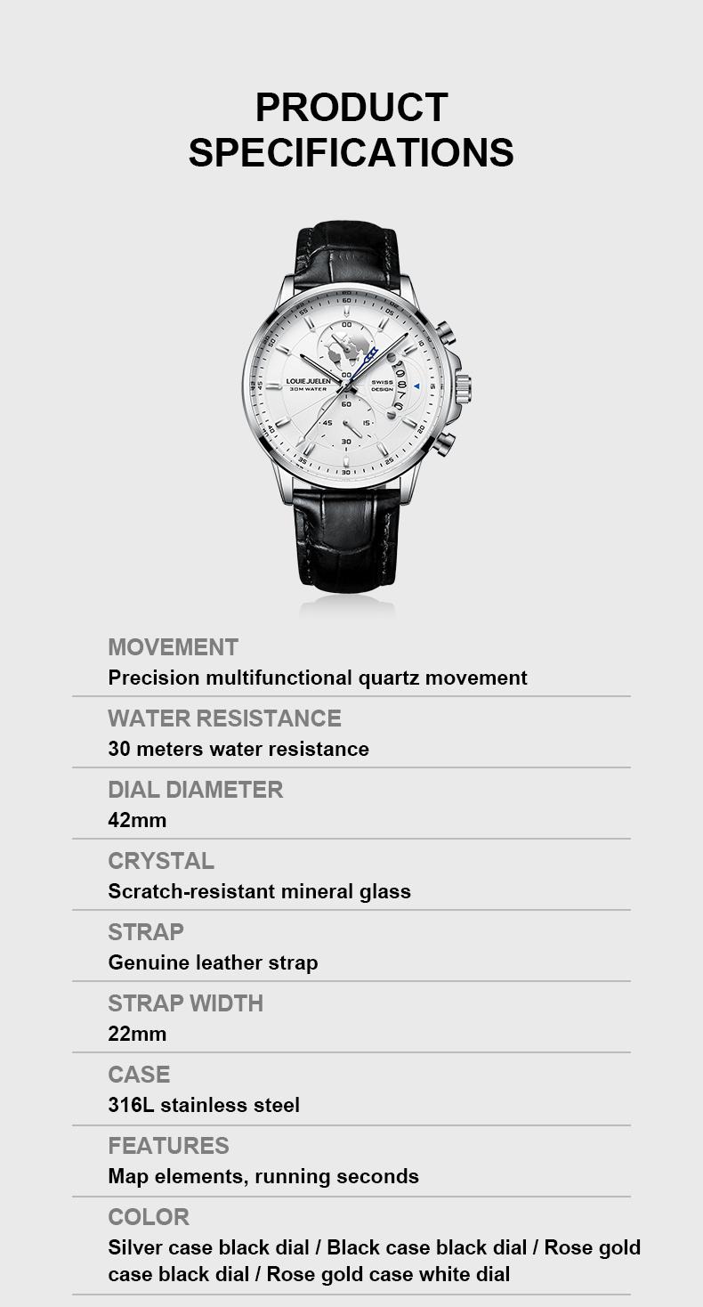 Elegant Men's Watch: Globe Design, 30m Water Resistance, Luminous Dial, Calendar & Chronograph | Stylish for Day & Business | Classic Timepiece Elegant Men's Watch: Globe Design, 30m Water Resistance, Luminous Dial, Calendar & Chronograph | Stylish for Day & Business | Classic Timepiece